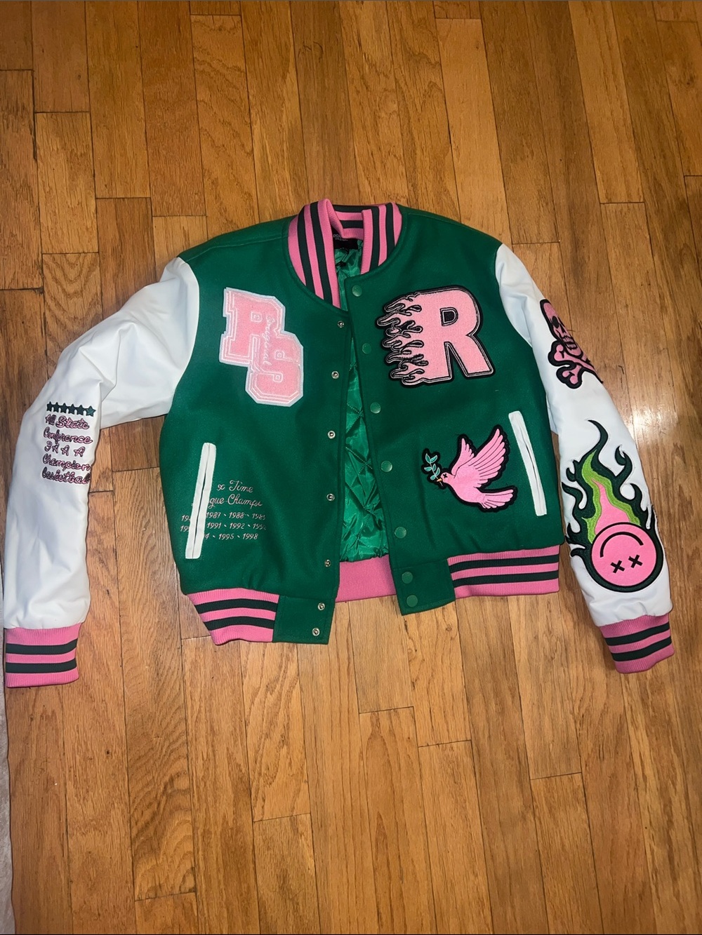 Kids Green and Pink Varsity Jacket with White Sleeves